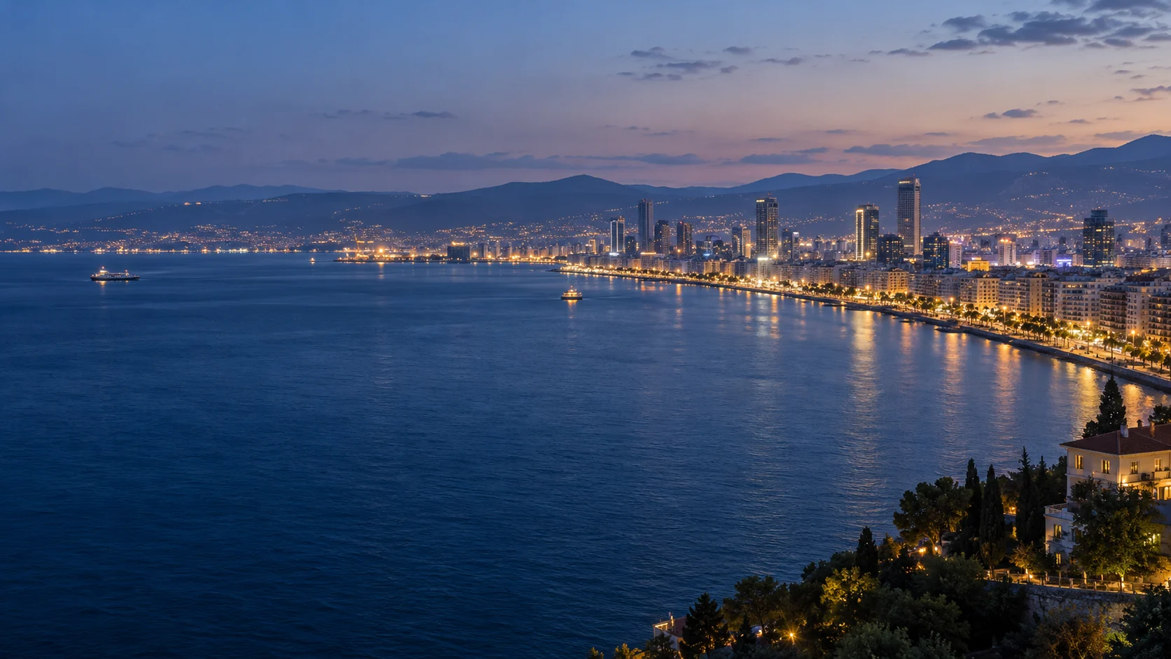 Blue-hour cityscape inspired by the Gulf of İzmir